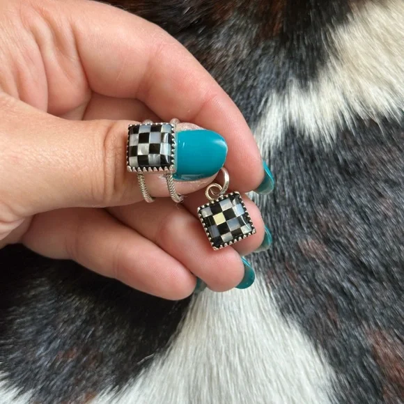 Elegant Silver and Black Checkered Jewelry Set - Picture 1 of 2